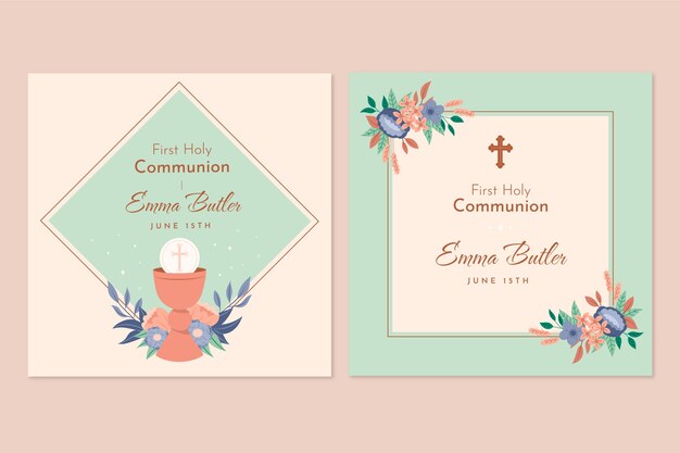Juego de tarjetas de primera comunión dibujadas a mano