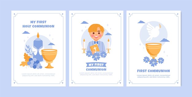 Juego de tarjetas de primera comunión dibujadas a mano