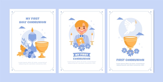 Juego de tarjetas de primera comunión dibujadas a mano