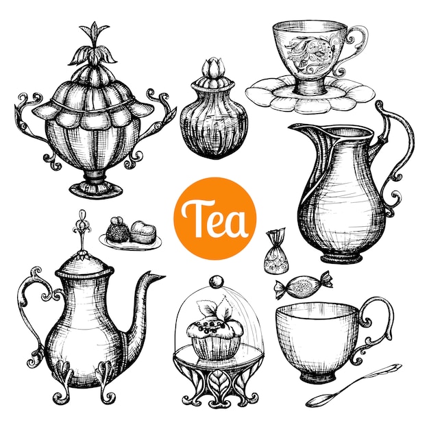 Vector gratuito juego de té retro dibujado a mano