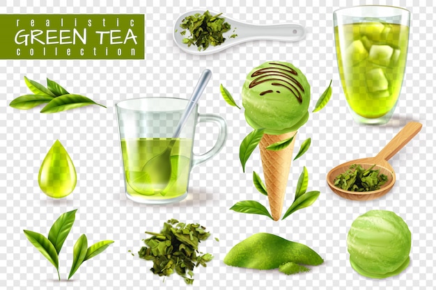 Juego de té verde realista con imágenes aisladas de cucharas de tazas y hojas naturales ilustración vectorial