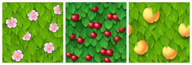 Juego de texturas de hojas y frutas de árboles verdes.
