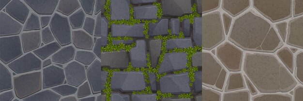 Juego de texturas de piedra patrones sin costuras de pared de pavimento con rocas hiedra o baldosas vista superior Fondos naturales texturizados superficie de adoquín realista 2d ui o gráficos gui Conjunto de capas vectoriales