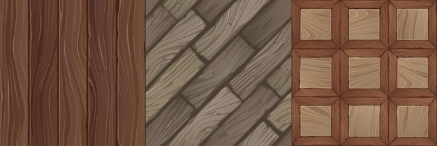 Juego de texturas de tablones de madera, ladrillos y paneles de patrones sin fisuras. Vector fondos marrón antiguo piso de parquet de baldosas de madera o mesa, laminado, parquet de madera dura, diseño de losas de piso conjunto de gráficos de interfaz de usuario