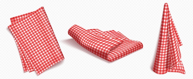 Juego de toallas a cuadros rojos sobre fondo blanco.