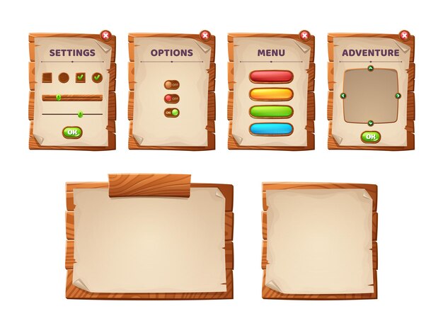 Juego ui desplaza tablas de madera y pergaminos antiguos interfaz de menú de dibujos animados tablones con textura de madera gui ...