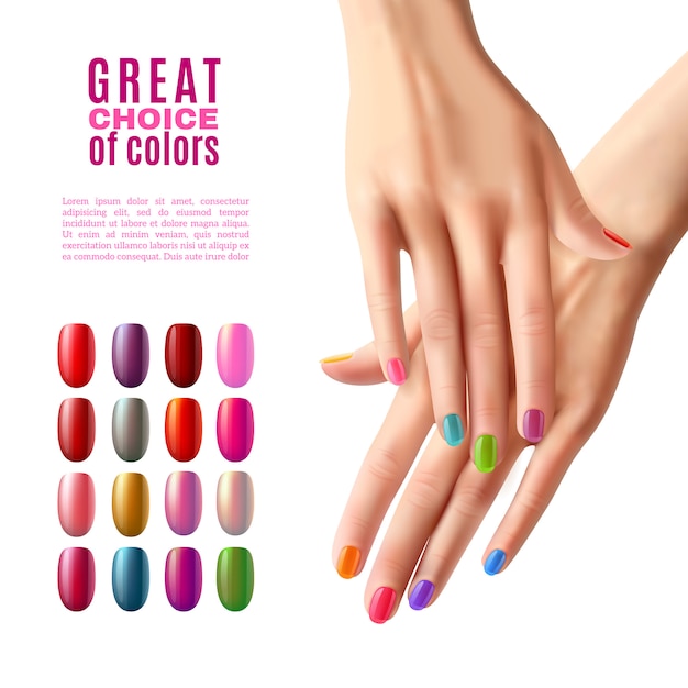 Juego de uñas de colores, manos, manicura, póster.