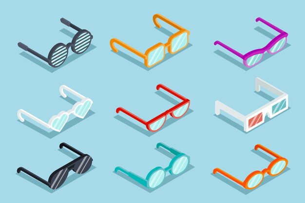 Juego de vasos de vector isométrico. Gafas de sol y lentes, objeto óptico, anteojos