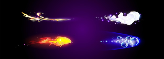 Vector gratuito juego vfx rastro de luz de misiles o efecto de movimiento de flecha mágica conjunto de vectores de dibujos animados de estrellas fugaces fantásticas rastro o hechizo de bruja flash arma de fantasía explosión con llama y brillo nube y burbujas