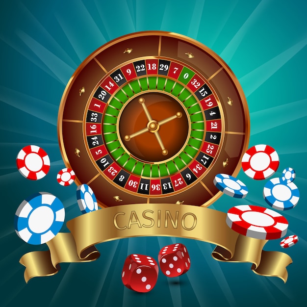 Vector gratuito juegos de casino realistas en línea con cinta dorada y ruleta en la parte superior