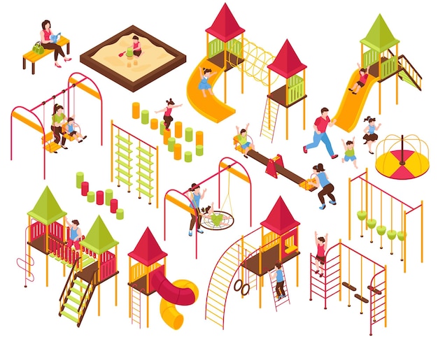 Juegos isométricos para niños, padres, niños con imágenes aisladas de carruseles de escaleras de balancines en la ilustración de vector de fondo en blanco
