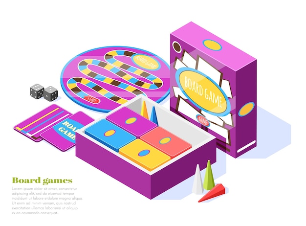 Los juegos de mesa establecen una composición isométrica con elementos de juego, herramientas y accesorios.