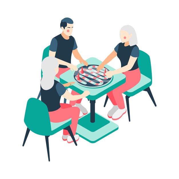 Juegos de mesa isométricos con familias jugando parejas.