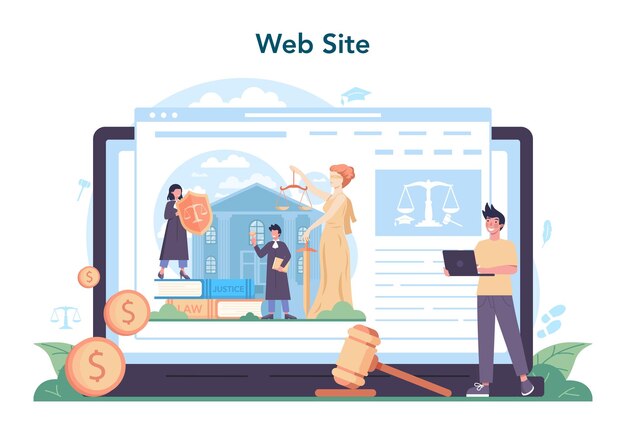 Juez servicio en línea o plataforma Trabajador de la corte defiende la justicia y la ley Juez en caso de audiencia de túnica negra tradicional y sentencia Sitio web Ilustración de vector plano