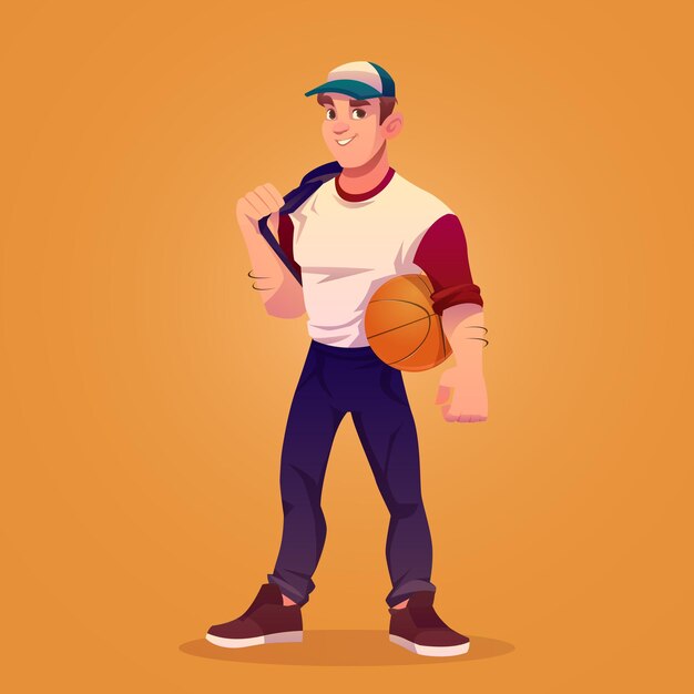 Jugador de baloncesto con pelota, deportista. Ilustración de dibujos animados vector de hombre musculoso en gorra, atleta profesional o entrenador deportivo. Chico guapo fuerte con sonrisa aislado sobre fondo naranja