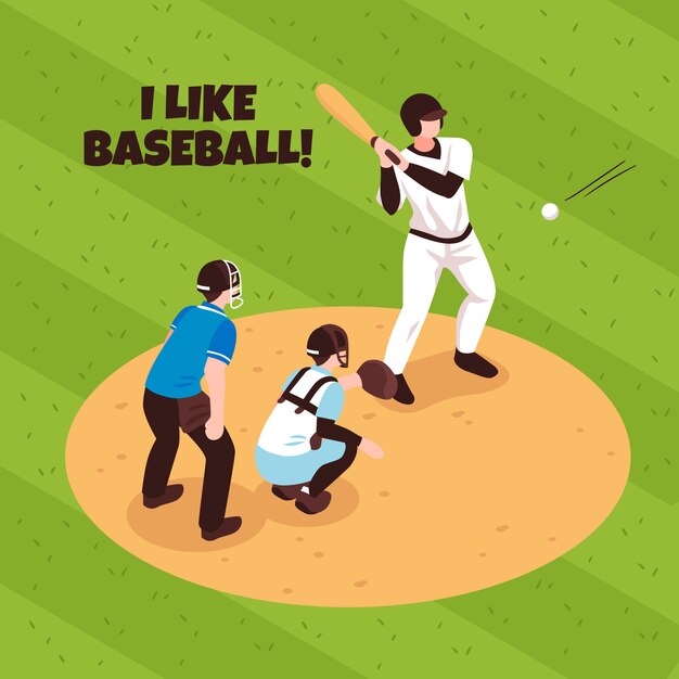 Jugadores y árbitro durante el partido de béisbol en la ilustración isométrica del campo de juego