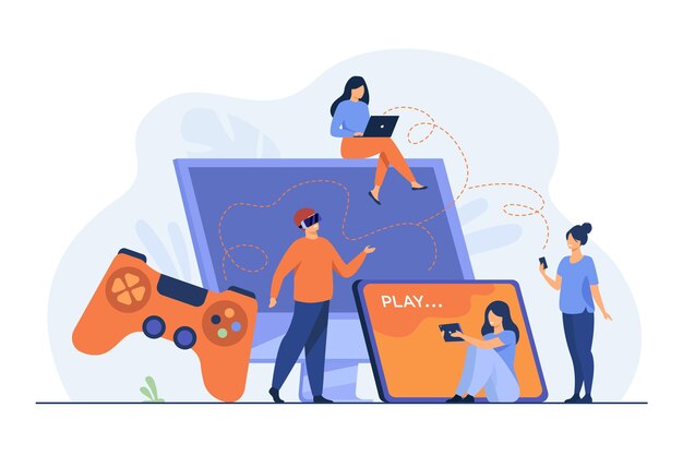 Jugadores que usan diferentes dispositivos y juegan en teléfonos móviles, tabletas, computadoras portátiles, consolas. Ilustración de dibujos animados