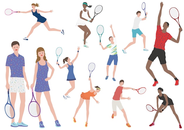 Los jugadores de tenis vector ilustración plana conjunto aislado sobre un fondo blanco.