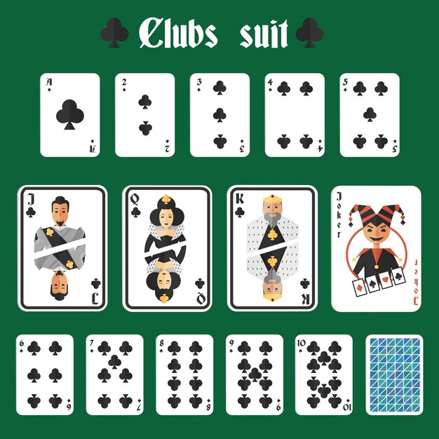 Jugar cartas de clubes conjunto de juego joker y volver aislado ilustración vectorial