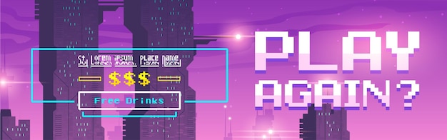 Jugar de nuevo el banner web de dibujos animados de pixel art para el juego