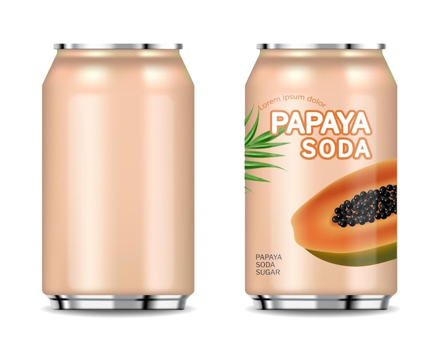 Jugo enlatado de papaya aislado vector realista paquete de colocación de producto jugo natural fresco