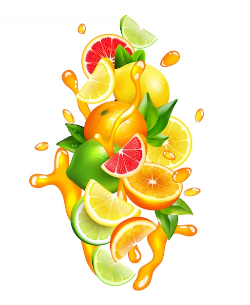 Vector gratuito jugo de frutas cítricas gotas composición colorida