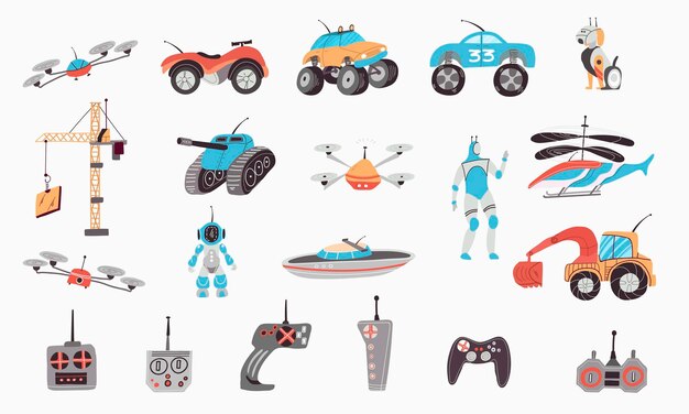 Juguetes de control con símbolos de transporte y drones ilustración vectorial aislada plana
