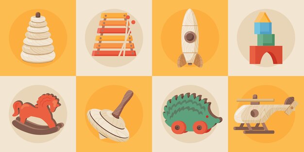 Juguetes de madera vintage iconos cuadrados planos que demuestran cubos caballo helicóptero perinola cohete pirámide vector ilustración