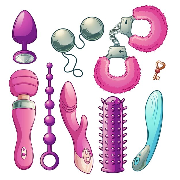 Juguetes sexuales para el placer de las mujeres y juego de caricaturas eróticas con varios consoladores de formas.