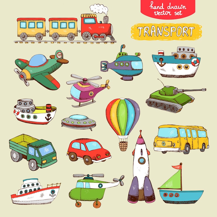Vector gratuito juguetes de transporte de vectores: tren, avión, coche, barco
