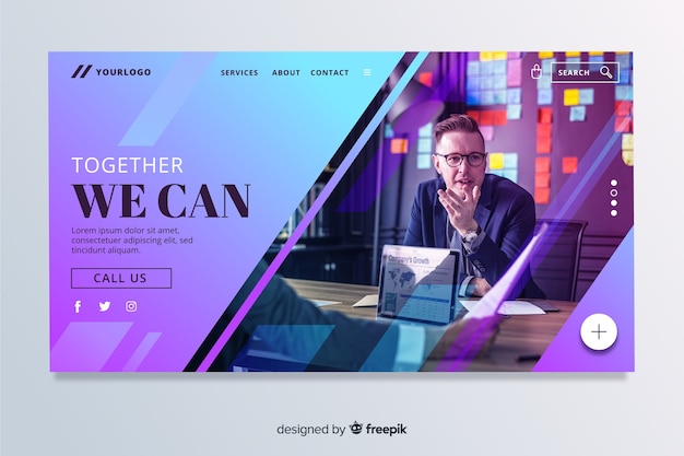 Vector gratuito juntos podemos la página de inicio de negocios con foto