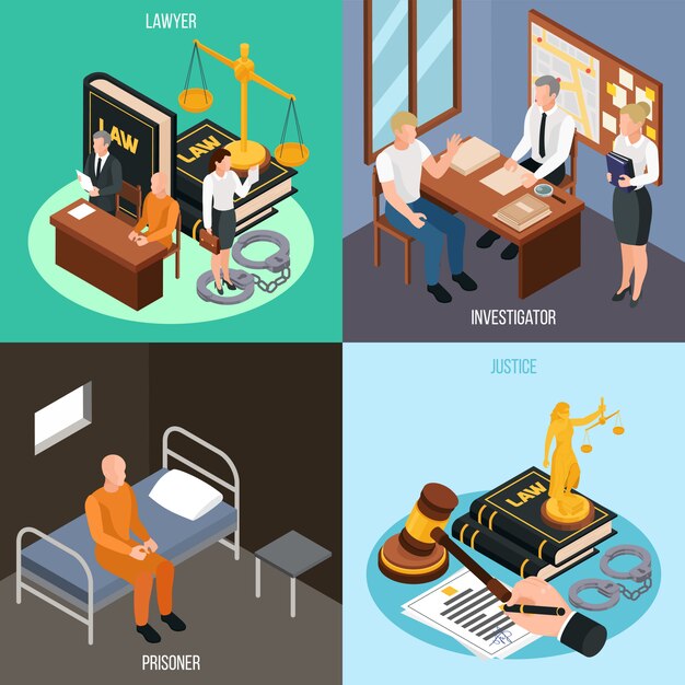 Justicia de la justicia 4 composiciones de concepto isométrico con investigación convicto ilustración de accesorios de procedimientos de corte de celda de prisión