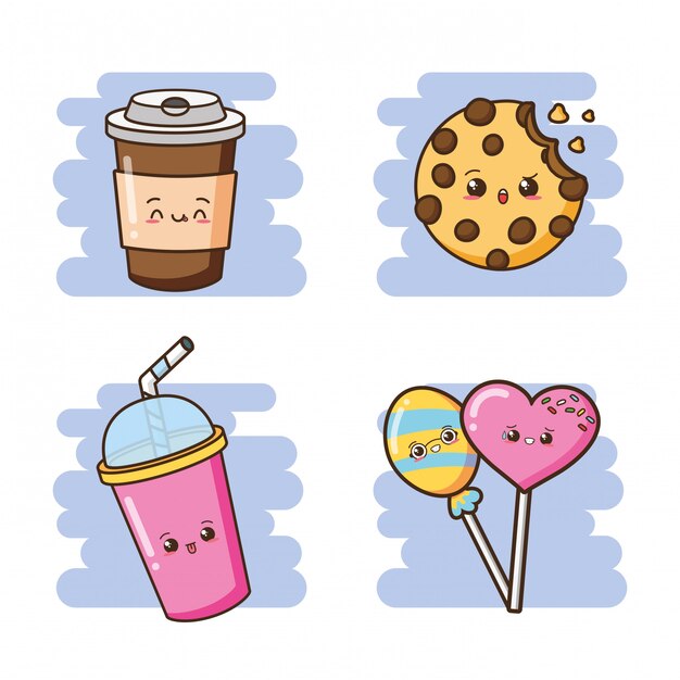 Kawaii comida rápida bebidas lindas, galletas y paletas ilustración