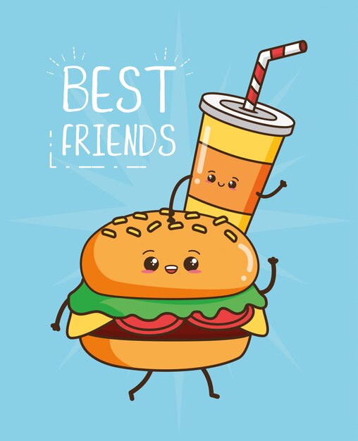 Kawaii comida rápida linda hamburguesa y bebida ilustración