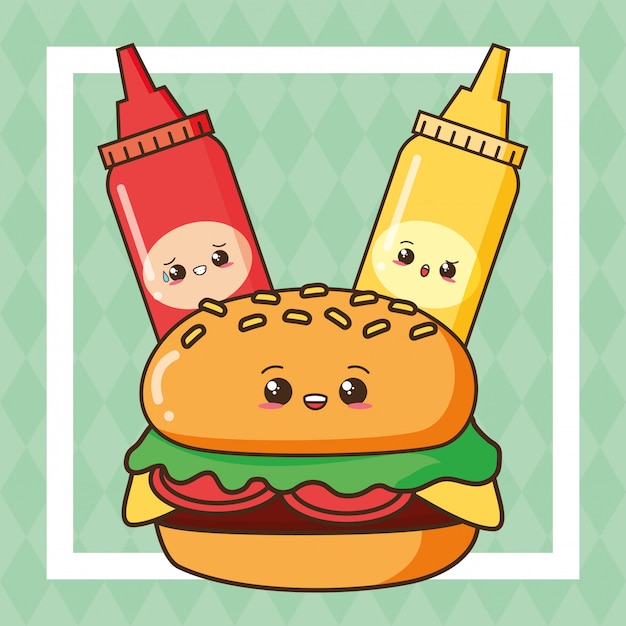 Vector gratuito kawaii comida rápida linda hamburguesa con salsa de tomate y mostaza