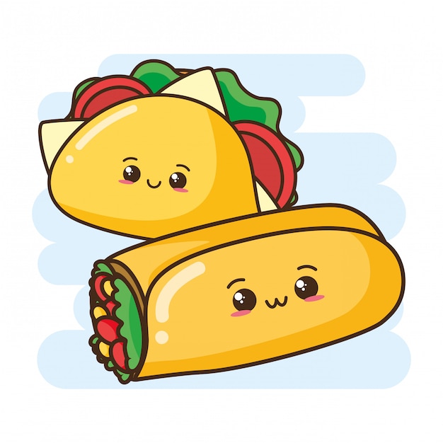 Vector gratuito kawaii comida rápida lindo burrito y taco