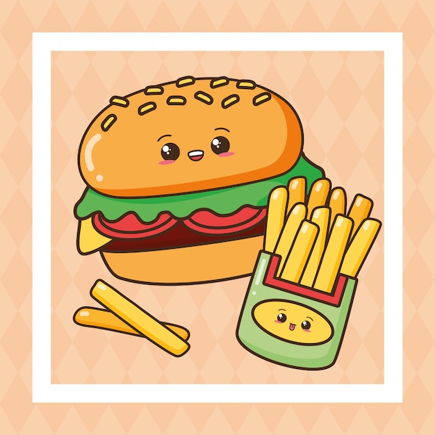 Kawaii, comida rápida, lindo, comida rápida, ilustración