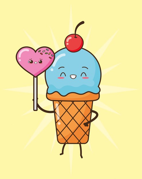 Kawaii, comida rápida, lindo, helado, y, piruleta, ilustración