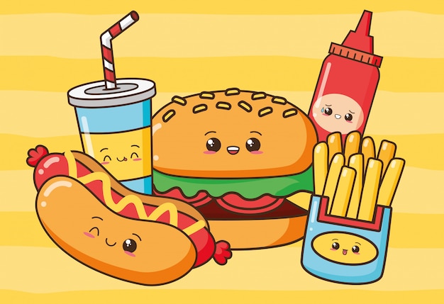 Kawaii comida rápida lindo hot dog de comida rápida, hamburguesas, papas fritas, bebida, ilustración de salsa de tomate