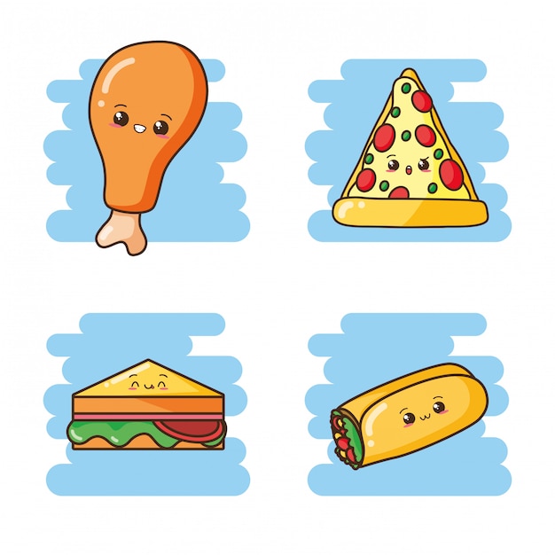 Vector gratuito kawaii comida rápida lindo sandwich, burrito, pizza, pollo frito ilustración