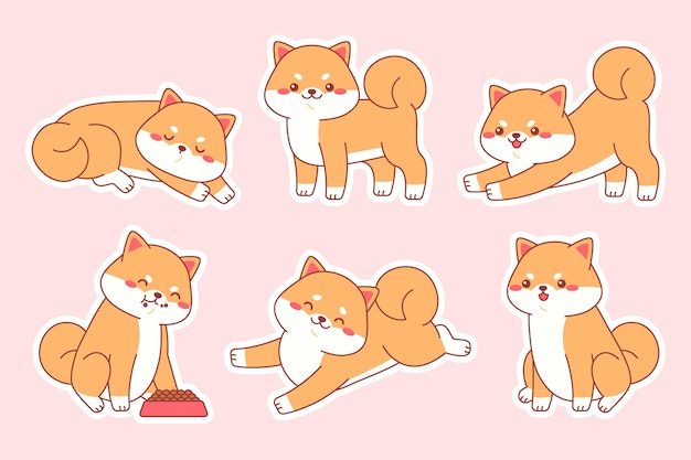 Kawaii feliz perro shiba inu haciendo diversas actividades