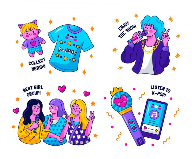 Kawaii kpop stickers set ilustración