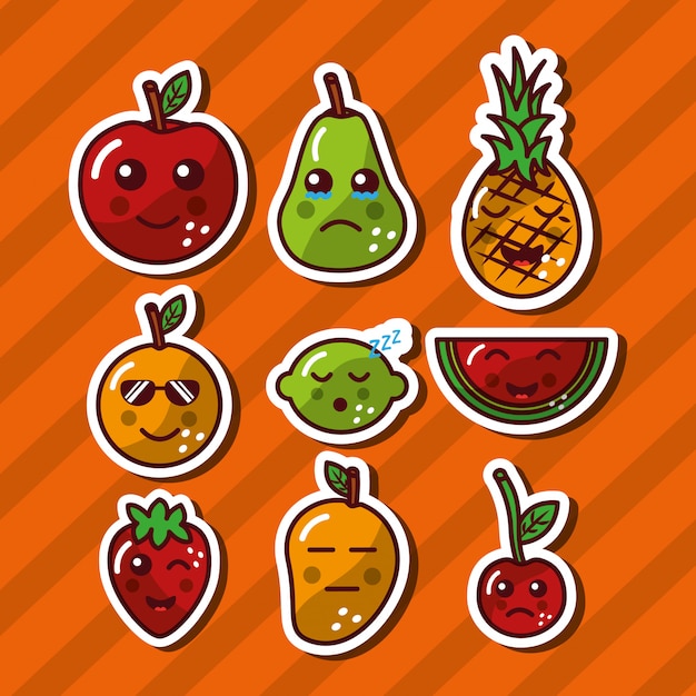 Vector gratuito kawaii sonriendo frutas adorable comida dibujos animados