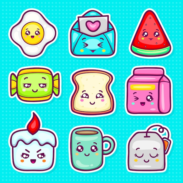 Kawaii sticker icons dibujado a mano doodle para colorear