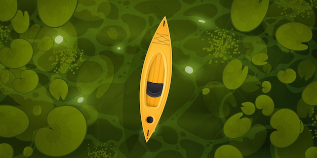 Un kayak amarillo flota a través de un pantano con hojas de nenúfar, vista superior.