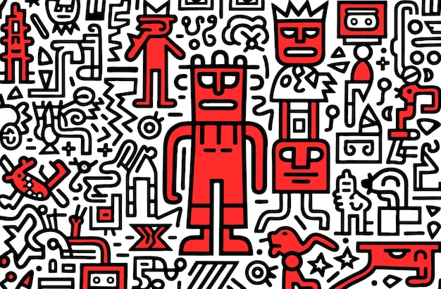 Vector gratuito keith haring arte lineal dibujos animados patrón minimalista