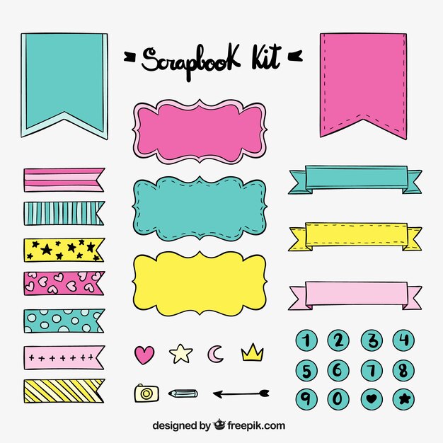 Kit de álbum de recortes dibujado a mano con cintas y pegatinas