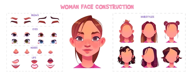 Vector gratuito kit de construcción de la cara de la mujer con partes faciales
