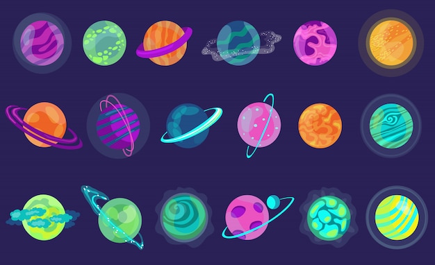 Vector gratuito kit de iconos de planetas coloridos dibujos animados