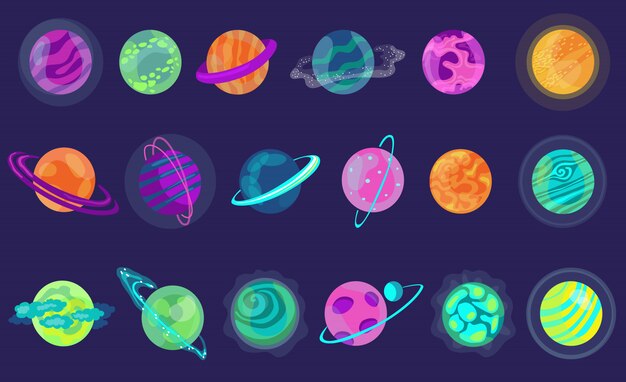 Kit de iconos de planetas coloridos dibujos animados